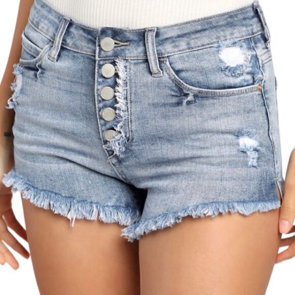 Lulus Magnetic Energy Light Denim Button-Fly Distressed Cutoff Shorts - Picture 1 of 5